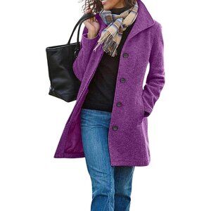 Women's Purple Casual Wool Blend Stand Collar Single Breasted Mid Long Pea Coat